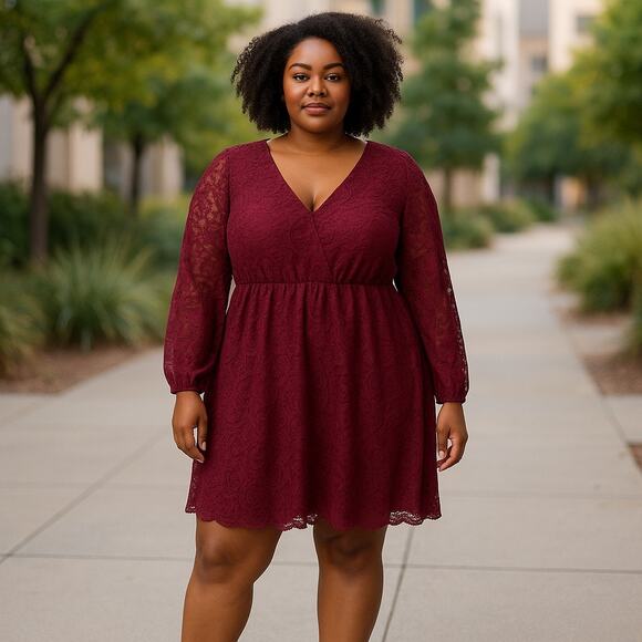 Maurices Pants - Maurices Red Wine V-Neck Sheer Lace Long Sleeve Romper Shorts Plus Size XXL